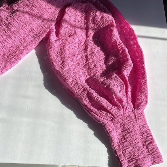 FREE PEOPLE PINK LACE bubble sleeve crop top circular open back elasticized Med - Picture 10 of 15